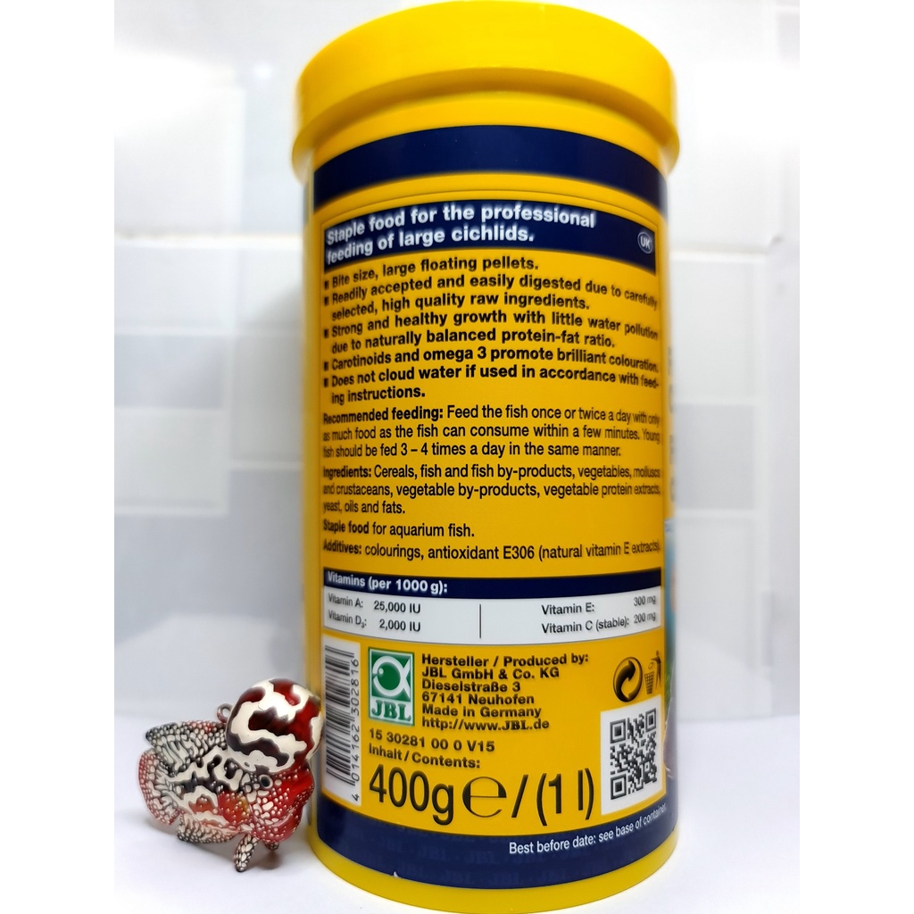 Cám viên JBL Đức thức ăn cho cá la hán lên Đầu,Màu,Châu,3in1, Hộp 400g .Hàng Đức