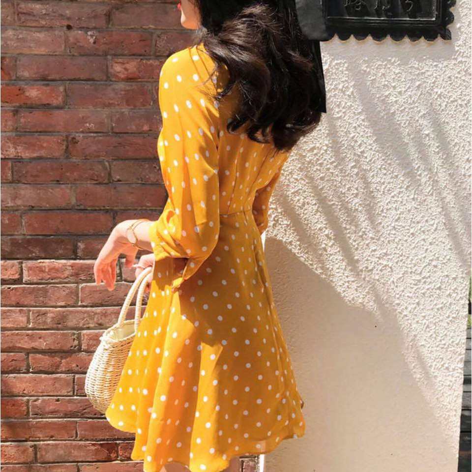 Đầm Nữ Vàng Bi Cam Cổ Chéo
