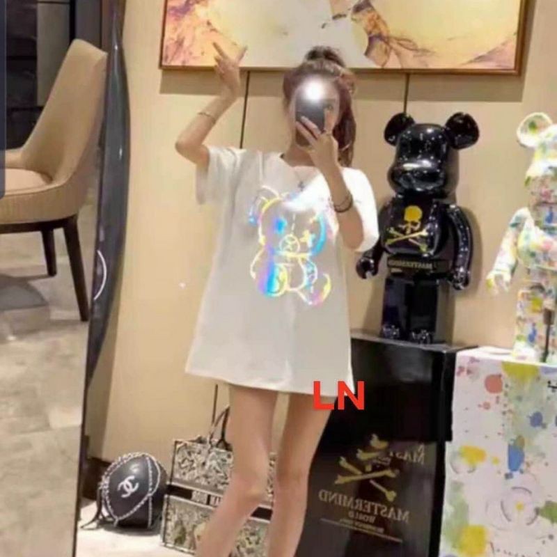Áo thun phản quang hình gấu dáng rộng chất cotton siêu kute