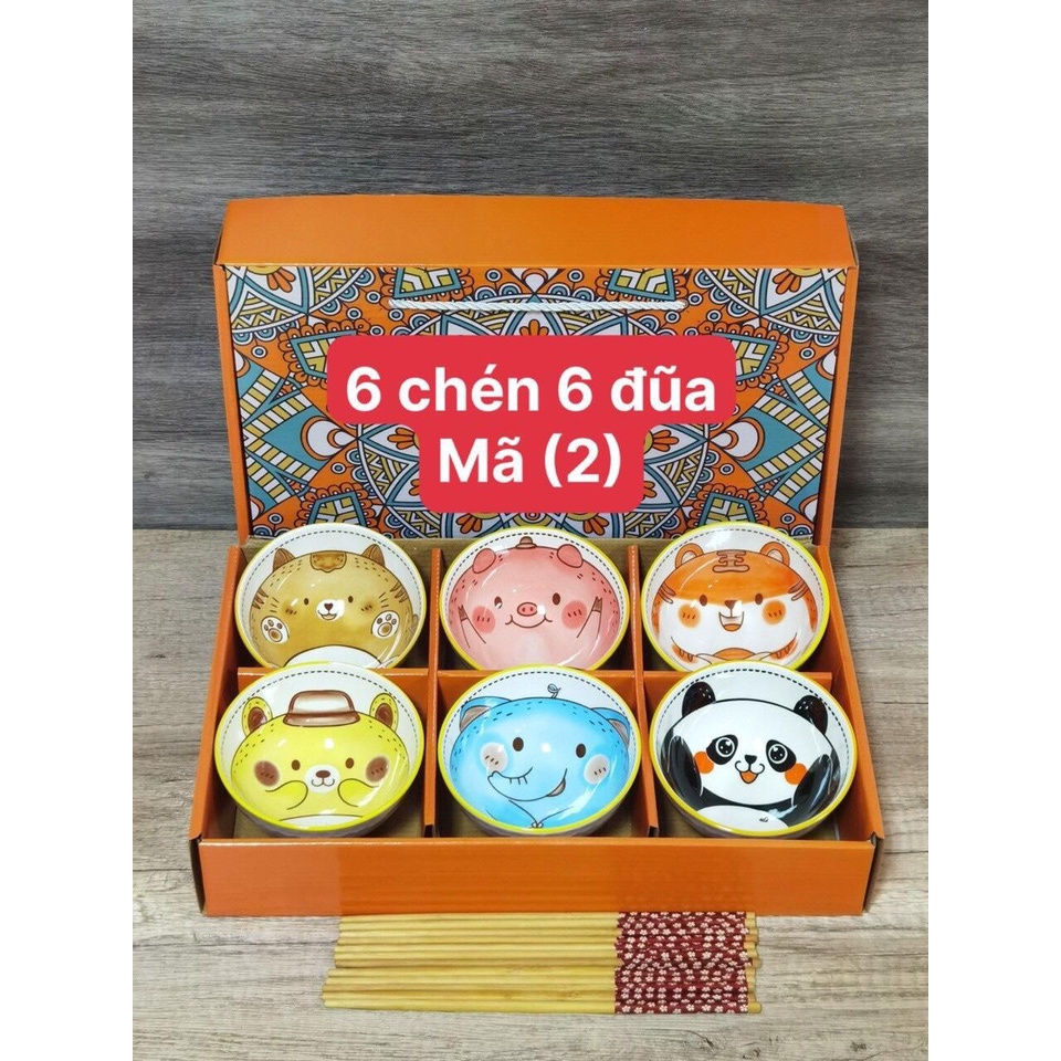 BỘ 6 CHÉN BÁT + 6 ĐÔI ĐŨA CAO CẤP HOẠ TIẾT HÌNH THÚ THÍCH HỢP LÀM QUÀ TẶNG SANG TRỌNG