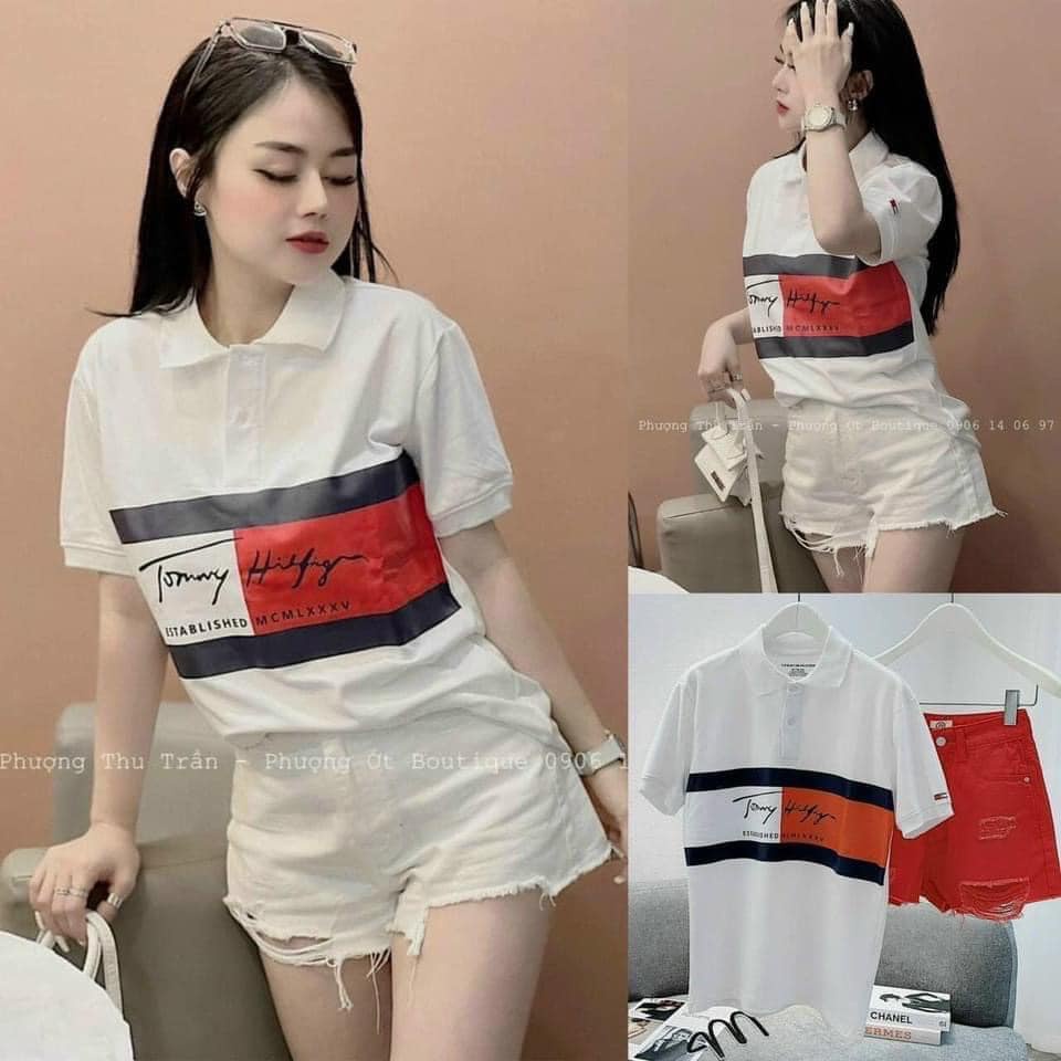 Áo polo nữ La.cos phông cổ bẻ màu trắng phối màu than cam chất thun cá sấu co giãn đẹp
