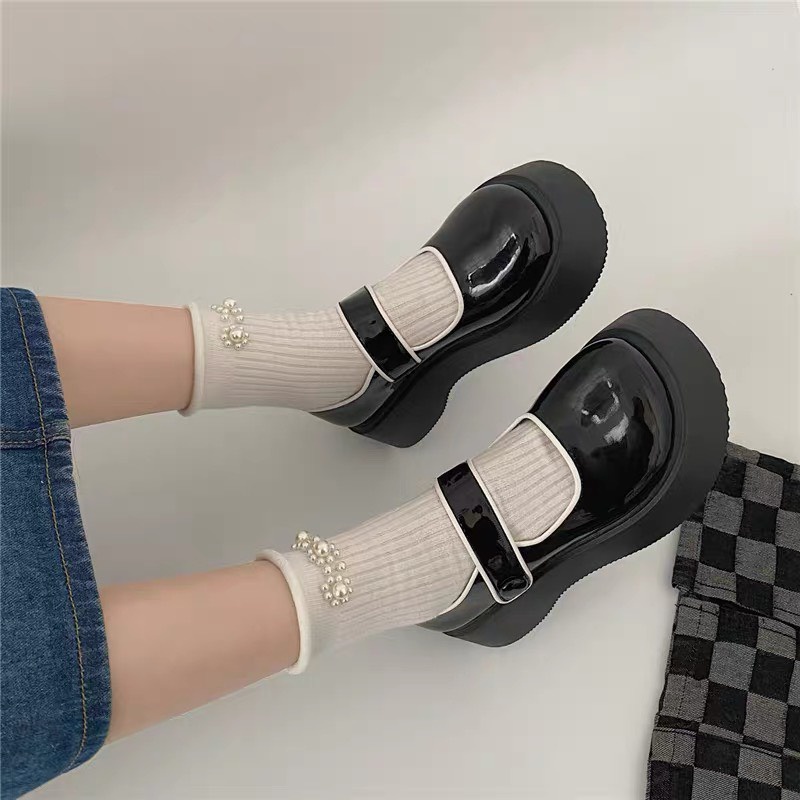 Giày Lolita đế bằng cài quai da bóng Mary Jane phong cách Ulzzang Hàn Quốc dễ thương