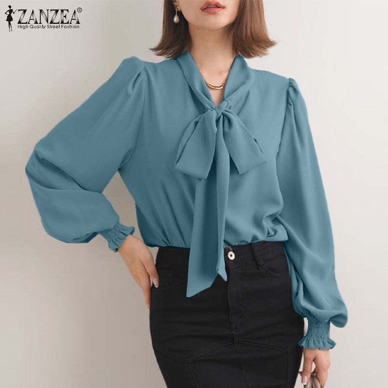 Áo ZANZEA tay dài cổ buộc nơ màu trơn phong cách Hàn Quốc thanh lịch dành cho nữ