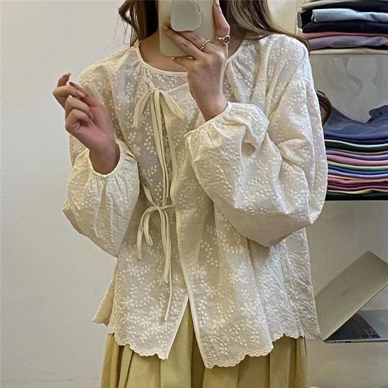 Áo Sơ Mi Đan Móc Mỏng Màu Trơn Thời Trang Xuân Thu Hàn Quốc Mới