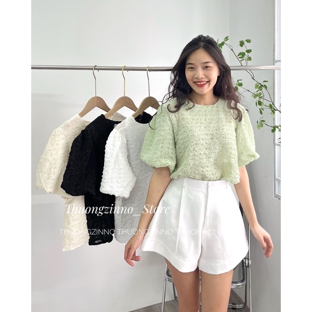 [Ảnh thật/Video] Áo sơ mi nữ Smile chất xốp bồng cách điệu cổ tròn phong cách Hàn Quốc áo sơ mi trắng trẻ trung