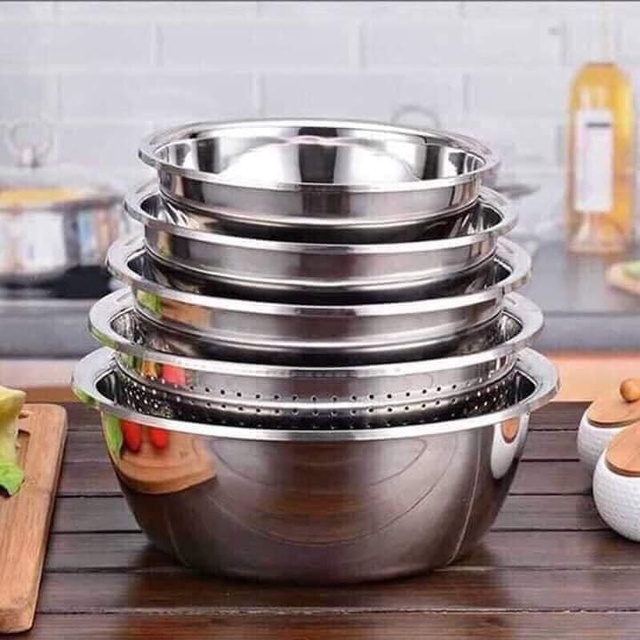 COMBO 5 MÓN THAU + RỔ INOX (4 Thau+1 Rổ) CHO NHÀ BẾP-CAO CẤP -tongkhohuyhoang168