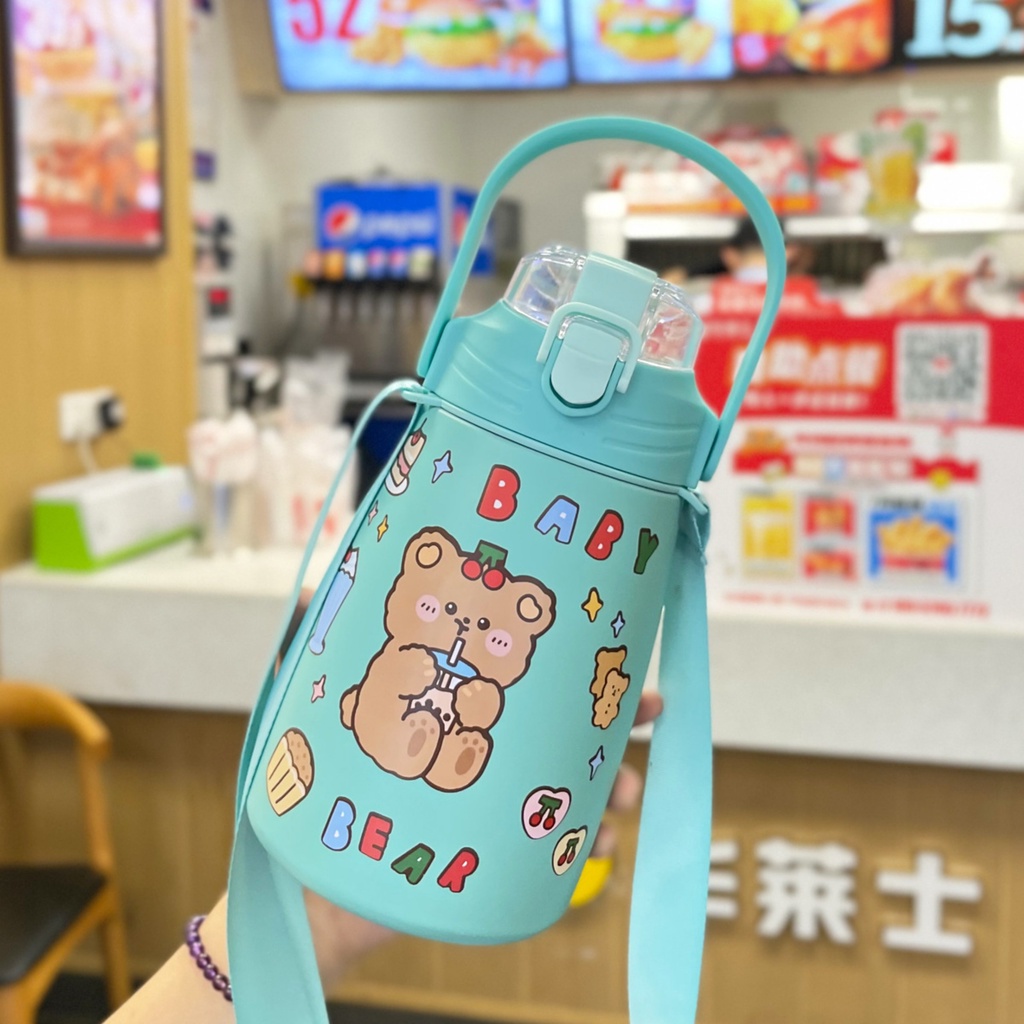 Bình nước giữ nhiệt cute có sticker và ống hút - Bình giữ nhiệt 900ml cho bé inox 304 xịn