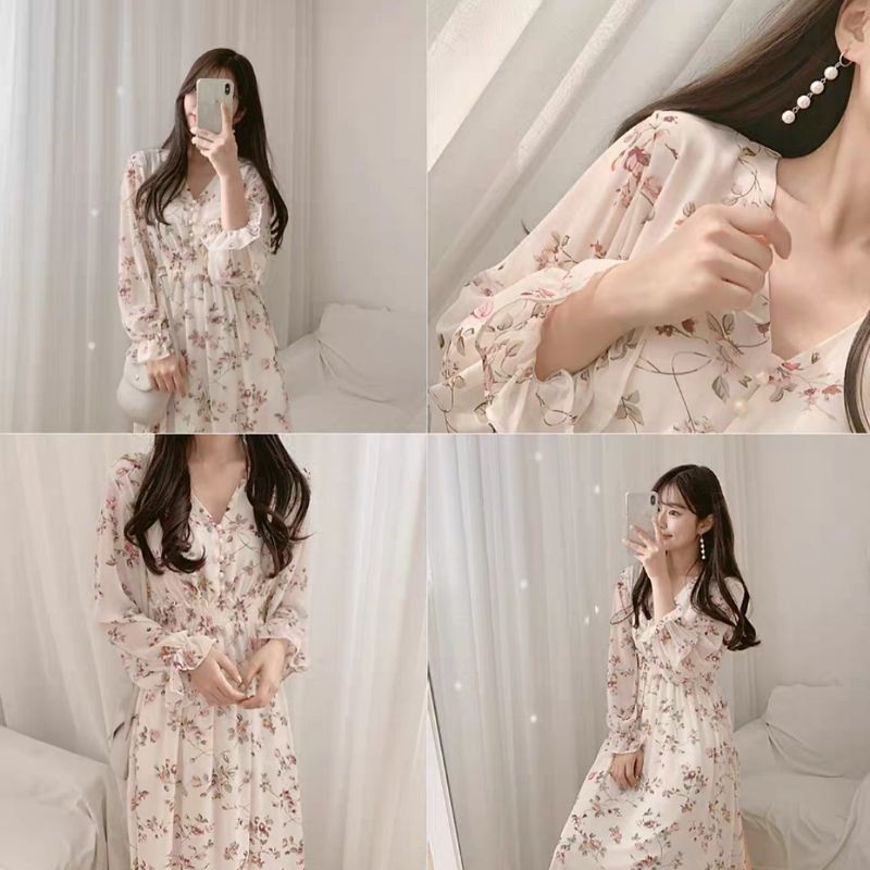 Váy hoa nhí - Váy hoa ullzang dáng dài cổ tim voan tơ - Vintage | BigBuy360 - bigbuy360.vn