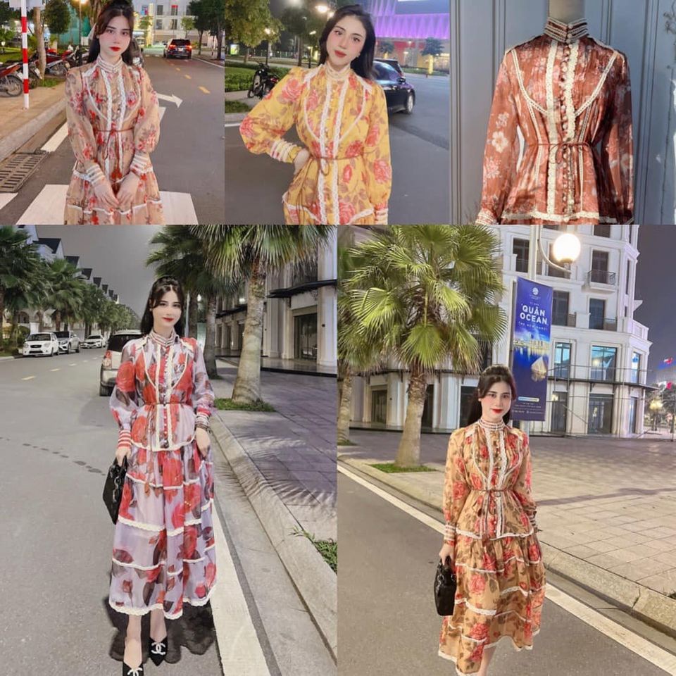 Váy Tơ Hoa Viền Ren Dài Tay siêu xinh