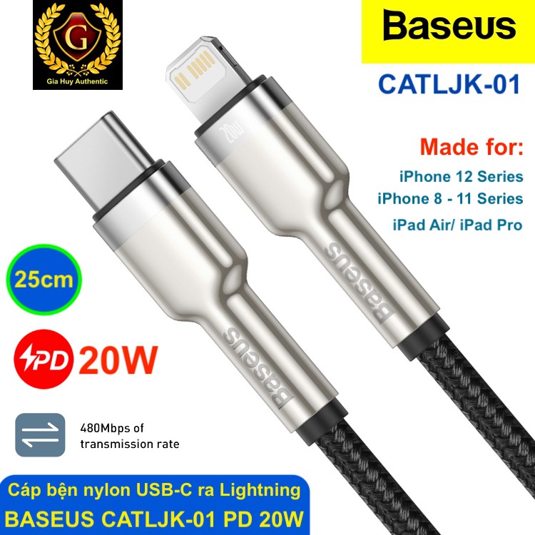 Cáp sạc nhanh iPhone 12, iPad Pro BASEUS USB-C ra Lightning Power Delivery 20W dài 25cm - CATLJK-01