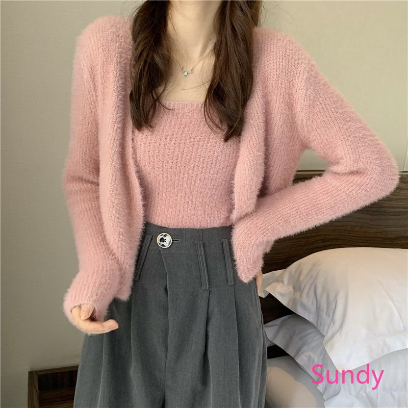 Set Áo Hai Dây Kèm Áo Khoác Cardigan Thời Trang Mùa Thu Phong Cách Phương Tây Cho Nữ