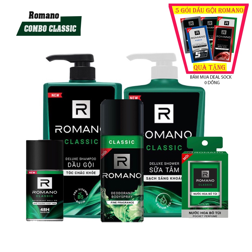 Bộ Romano Classic :Dầu gội 650g, sữa tắm 650g, xịt 150ml, Lăn 50ml, Nước hoa 18ml