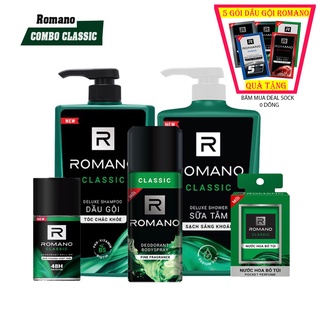 Bộ Romano Classic (5 sản phẩm):Dầu gội 650g, sữa tắm 650g, xịt 150ml, Lăn 50ml, Nước hoa 18ml