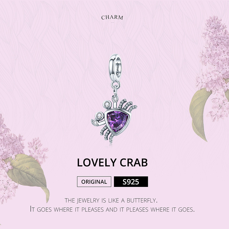 Mặt Dây Bamoer BSC458 Hình Chú Cua Đáng Yêu Đính Đá Zircon Màu Tím Bằng Bạc S925 100% Thời Trang DIY