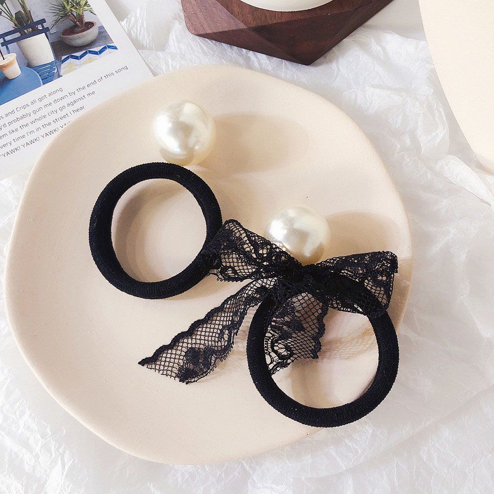 Dây Cột Tóc Ruy Băng Thắt Nơ Phối Ren Đính Ngọc Trai Nhân Tạo Phong Cách Hàn Quốc Cho Nữ