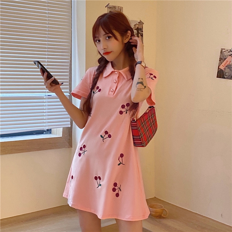 Áo Thun Tay Lửng Cổ Polo Tay Lửng Dáng Rộng Thêu Họa Tiết Cherry Phong Cách Hàn Quốc 2020