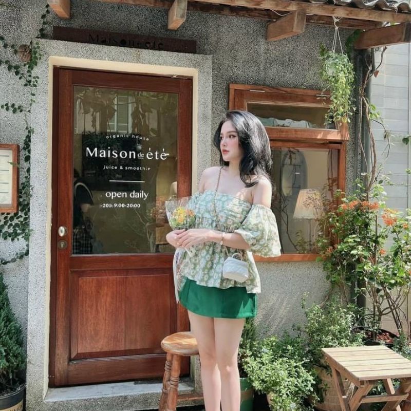 ÁO HOA TAY BỒNG LƯNG BO CHUN XANH/HỒNG | BigBuy360 - bigbuy360.vn