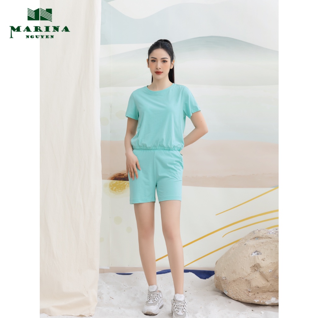 Đồ Bộ Nữ Mặc Nhà MARINA NGUYỄN Cotton Cao Cấp, Thiết Kế Cổ Tròn, Tay Ngắn, Bo Chun Gấu Áo, Vải Thoáng Mát 322006