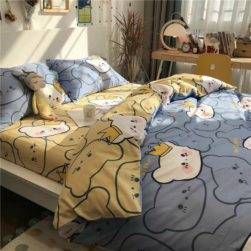Bộ chăn ga gối cotton poly Gấu Vương Miện