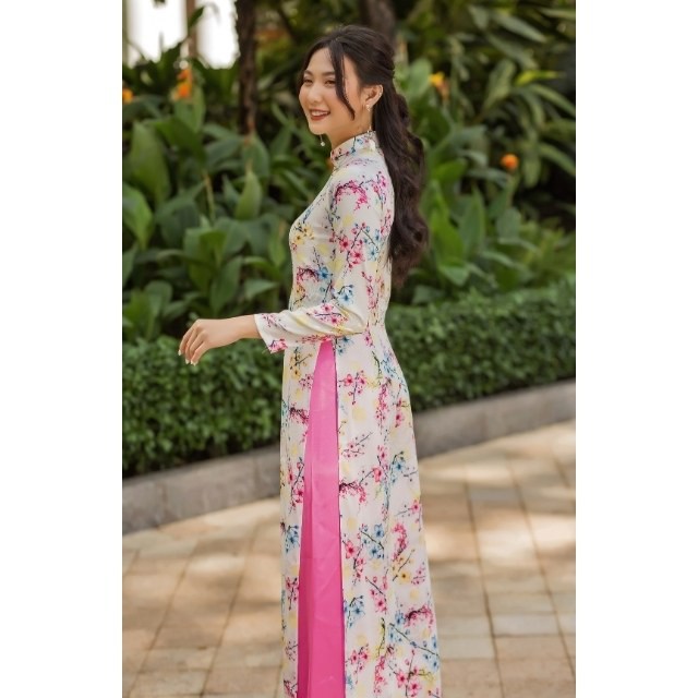 Áo Dài Truyền Thống Nữ Cổ Cao Vải Gấm  Màu Trắng In Hoa Mai Đào Có Nhiều Size - LASENTUS | BigBuy360 - bigbuy360.vn