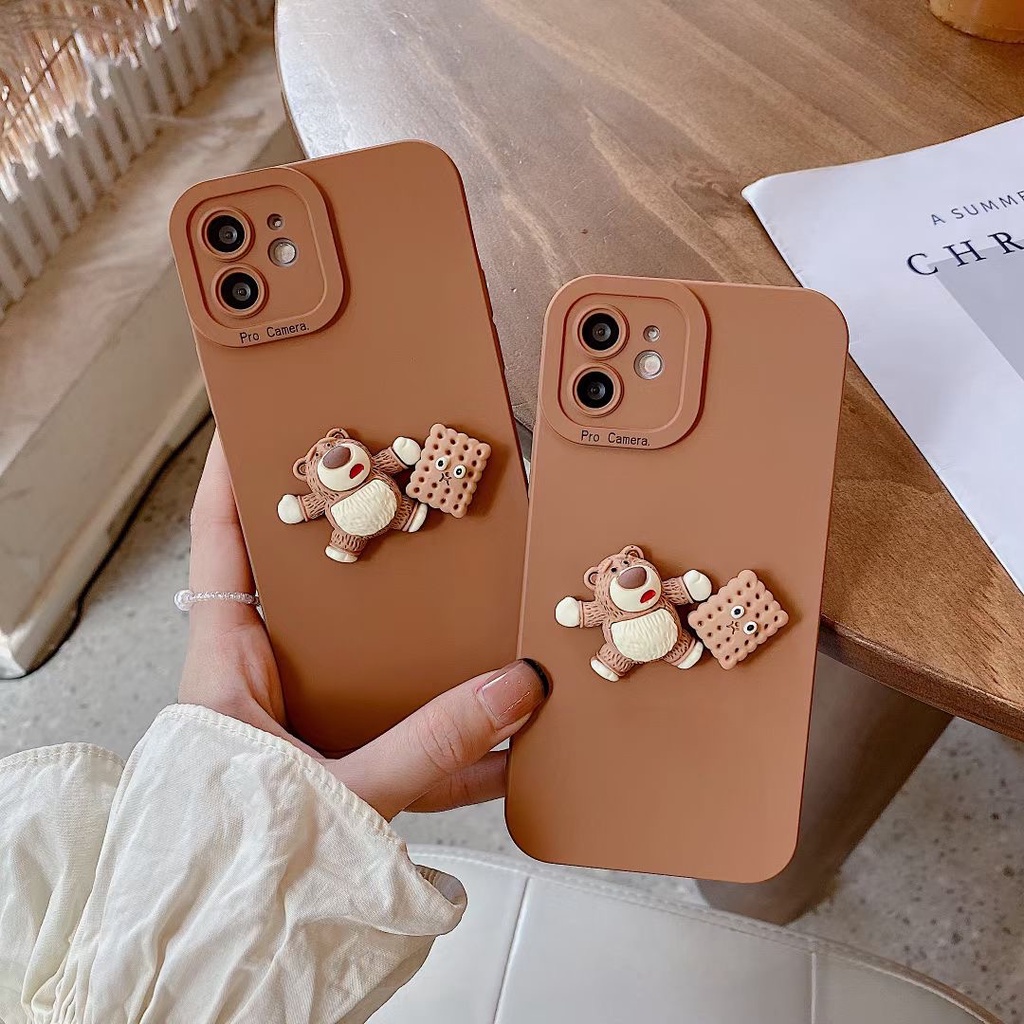 Ốp điện thoại mềm hình gấu nâu dâu tây có giá đỡ cho Iphone 12 pro max 11 pro max xs max xr x 7plus 13 promax