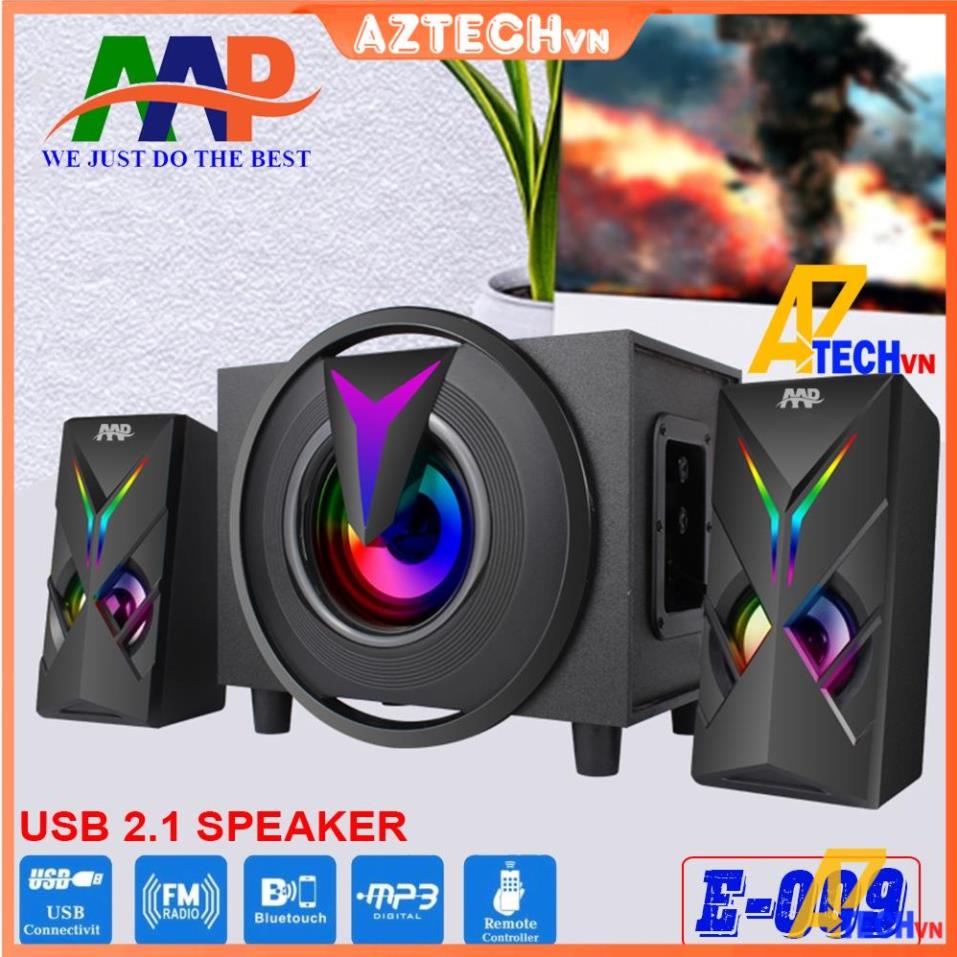 Loa máy tính vi tính laptop AAP E009 LED (AUX, Bluetooth, USB, Thẻ nhớ, FM, Remote) BASS CỰC CĂNG