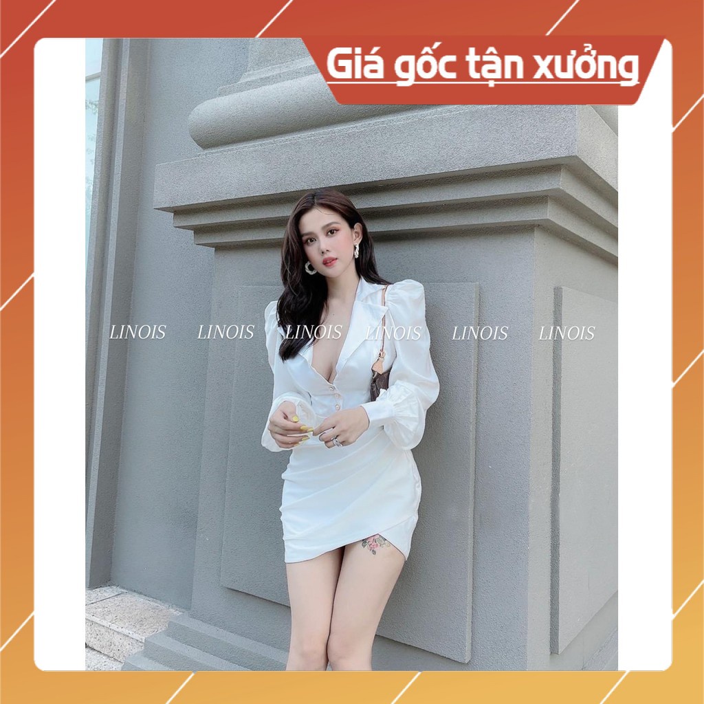Đầm Dự Tiệc Body Cổ Vest Tay Dài Phồng Vai Tà Nhún Đắp Chéo - Vải Lụa - 2 Màu Trắng, Đen - Dành Cho Nàng Dự Tiệc