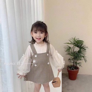 Sét áo tay bồng kết hợp váy yếm kẻ cho bé yêu