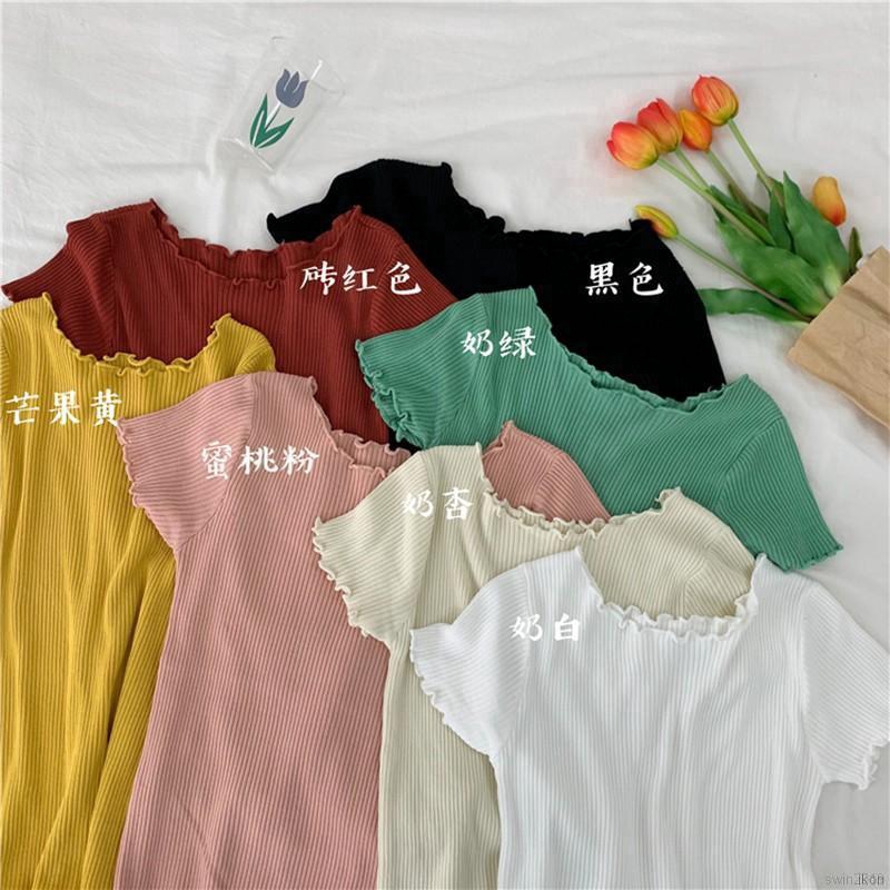 Áo Croptop Dệt Kim Tay Ngắn Phối Bèo Thiết Kế Đơn Giản Cho Nữ