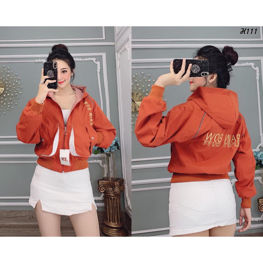 Elise Shop - Áo khoác dù Nữ 2 lớp RainBow form bomber ôm eo, in chữ phối túi hộp lớn tiện lợi - Hot trend 2021