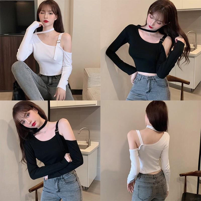 Áo Thun Tay Dài Hở Vai Màu Trơn Phong Cách Hàn Quốc