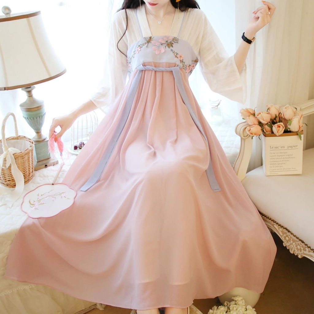 Bộ Hán Phục Cách Tân Dáng Dài Họa Tiết Thêu Thời Trang Mùa Hè Cho Nữ