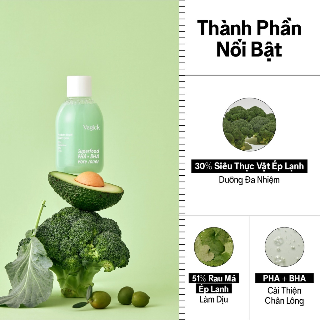Toner Vegick Thuần Chay Cải Thiện Lỗ Chân Lông 210ml Superfood PHA + BHA Pore Toner