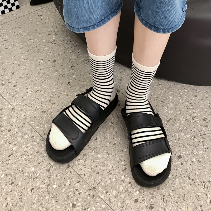Ins Korean Striped Women Crew Socks Cotton Female Casual Semi-high Socks Ready Stock Ladies Middle Socks