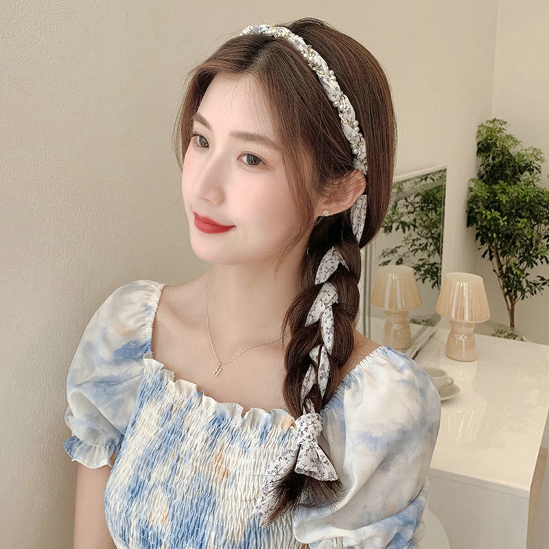 Dây Cột Tóc Ruy Băng Dài In Họa Tiết Hoa Đính Ngọc Trai Phong Cách Hàn Quốc Xinh Xắn