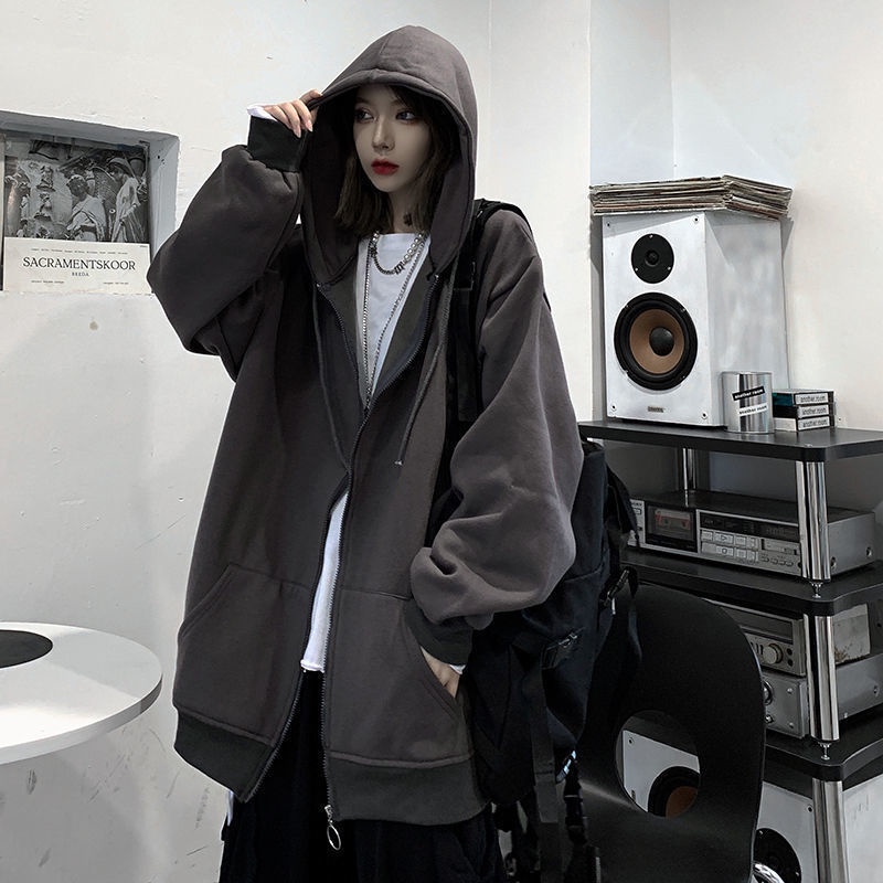 【Yuki】Áo khoác nỉ hoodie nữ zip form rộng màu xám đậm trẻ trung năng động | BigBuy360 - bigbuy360.vn
