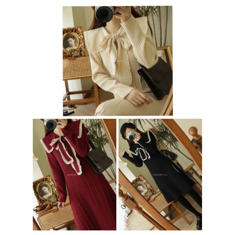 (Order) Đầm len dáng suông cổ thủy thủ thắt nơ ulzzang