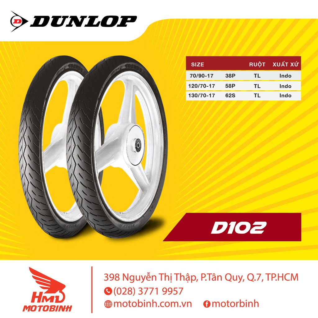 Lốp/vỏ xe 70/90-17 D102 TL Dunlop dành cho xe Wave và Future các dòng, Sirius, Jupiter, Raider, Sonic, Blade, Exciter ..