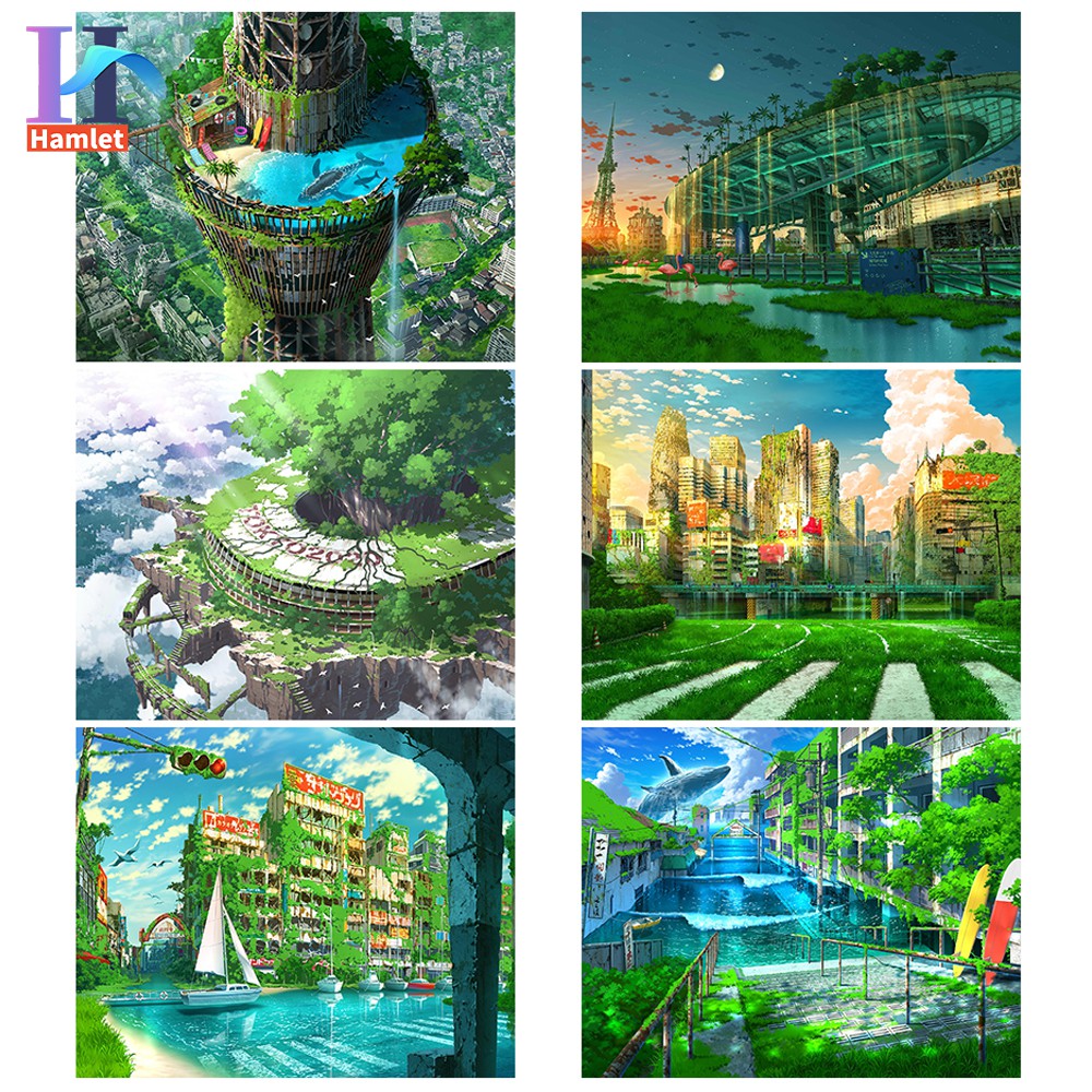 Bộ tranh sơn dầu Hamlet tô màu theo số hình thành phố đầy màu sắc dùng làm quà tặng trang trí cỡ 40x50cm