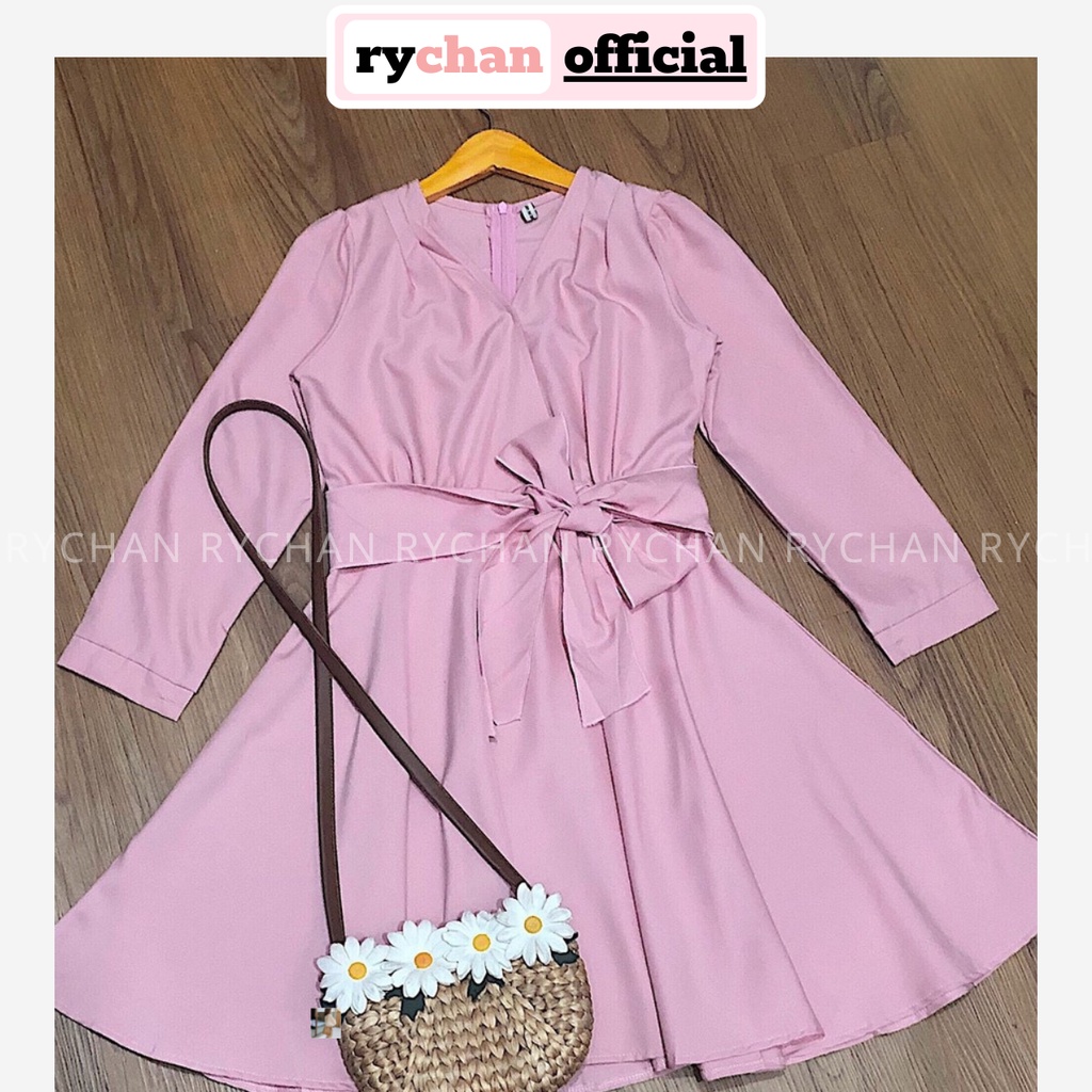 [ẢNH THẬT CUỐI] DX698 - Đầm Xòe Hồng Tay Dài Đắp Chéo Cột Eo