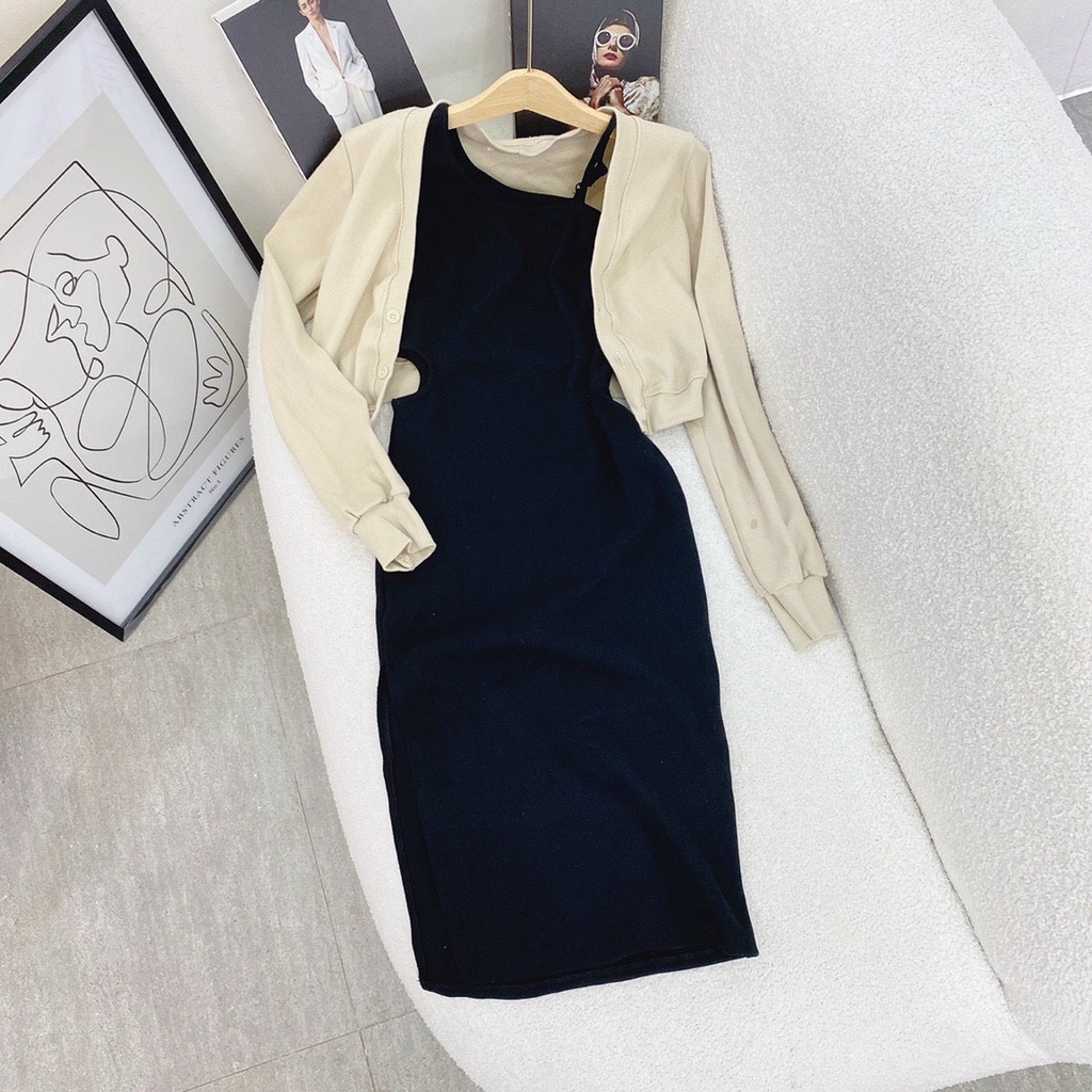 SET ĐẦM ĐEN LỆCH BÊN VAI DÂY + ÁO KHOÁC CROPTOP TRẮNG