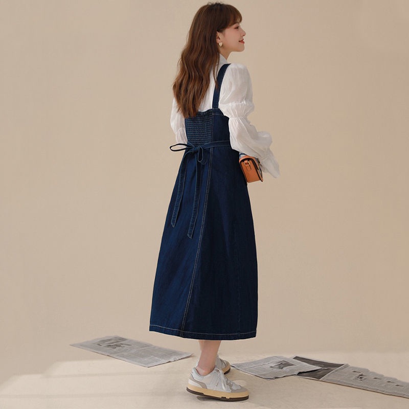 Set đầm yếm denim màu xanh lam đậm kiểu Hàn Quốc duyên dáng dành cho nữ (có bán lẻ áo sơ mi / đầm)