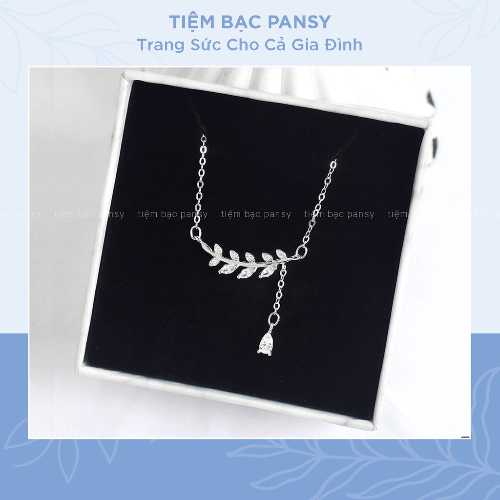 Dây chuyền bạc PANSY mặt lá liễu thả hạt, vòng cổ nữ hình lá đính đá phong cách Hàn Quốc