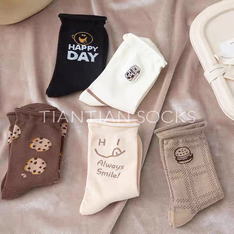 TIANTIAN T139 Hàng Mới Về Vớ Tất nữ cổ cao Cotton Nguyên Chất Xoăn Xoăn In Họa Tiết Hoạt Hình Phong Cách Nhật Bản Dễ Thương