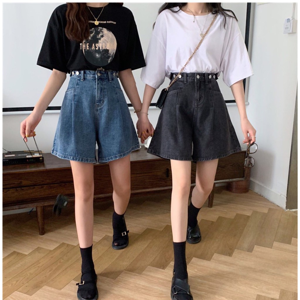 Quần jean ngắn ống rộng chít eo MunMunStore quần short tăng chỉnh eo chuẩn phom ullzang (ảnh+video thật)