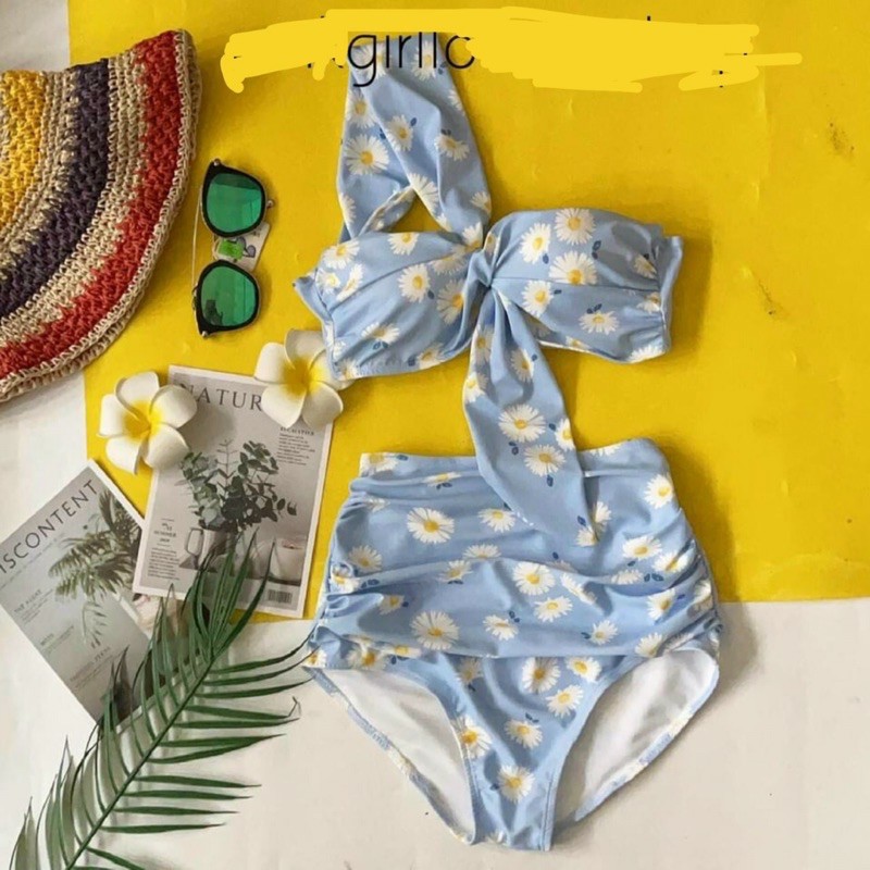 [HÀNG CHUẨN+ẢNH THẬT] Bikini 3 món hoa cúc xanh kèm chân váy | BigBuy360 - bigbuy360.vn