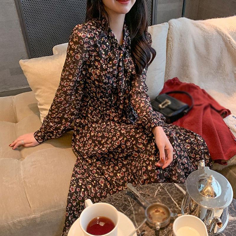Đầm Tay Dài Chất Chiffon Hoạ Tiết Hoa Thiết Kế Phối Nơ Nữ Tính
