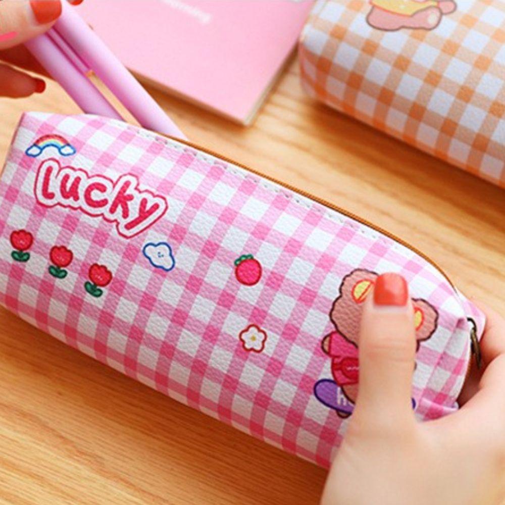Túi Đựng Bút Chì Kẻ Sọc Caro Sức Chứa Lớn Phong Cách Hàn Quốc