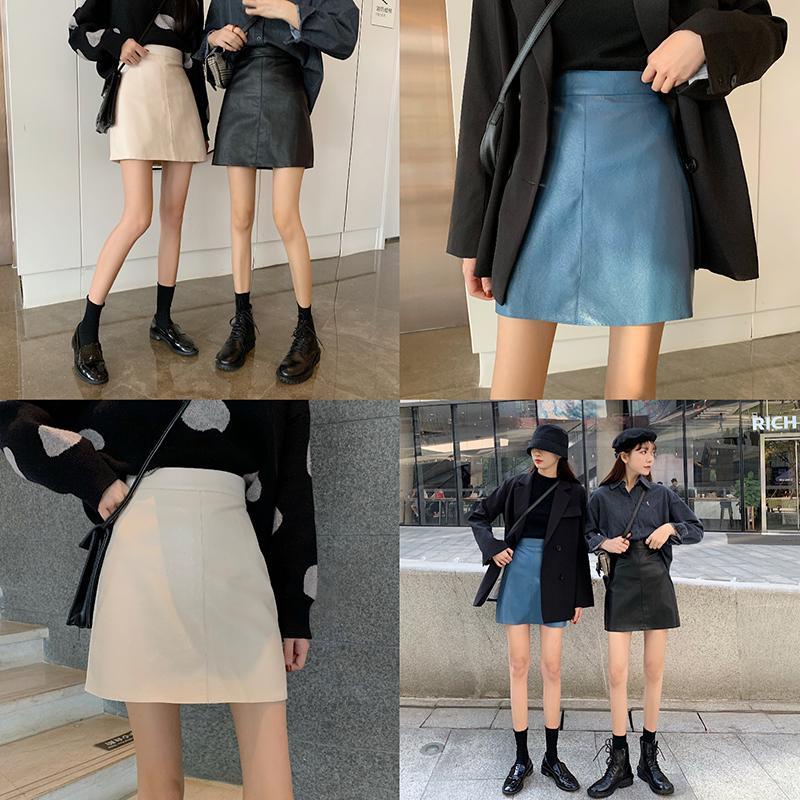 Happy-store  Chân váy da PU Xiaozhainv dáng chữ A thiết kế đơn giản hợp thời trang nữ tính