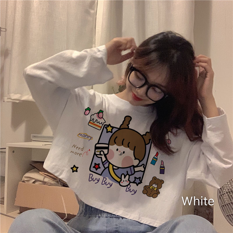 Áo croptop dáng rộng dài tay họa tiết hoạt hình đáng yêu dành cho bạn nữ | BigBuy360 - bigbuy360.vn